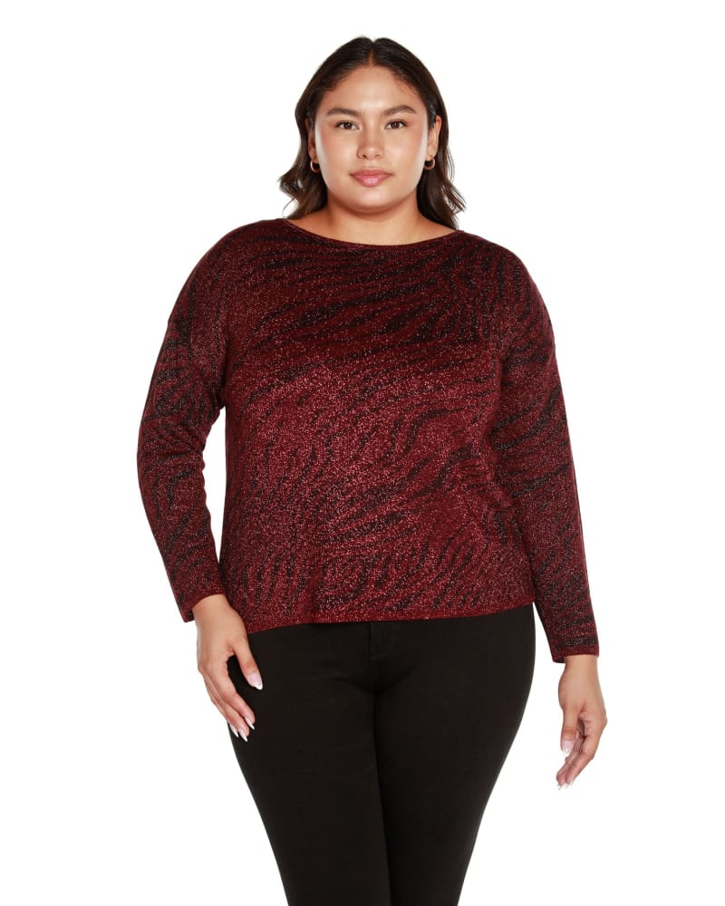 Front of a model wearing a size 1X Plus Size Shiny Zebra Jacquard Sweater in Black Cherry Combo by Belldini Black Label. | dia_product_style_image_id:319199